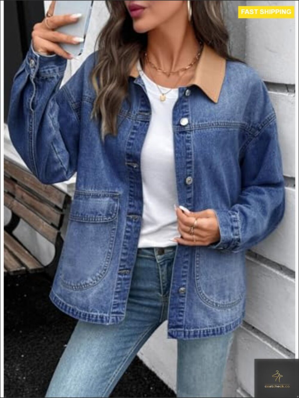 Oversized Boyfriend Denim Jacket Button Down Contrast Trim Barn Jacket With - Picture 5 of 7